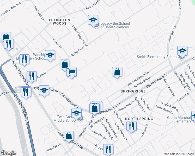 map of restaurants, bars, coffee shops, grocery stores, and more near 24607 Fort Timbers Court in Spring