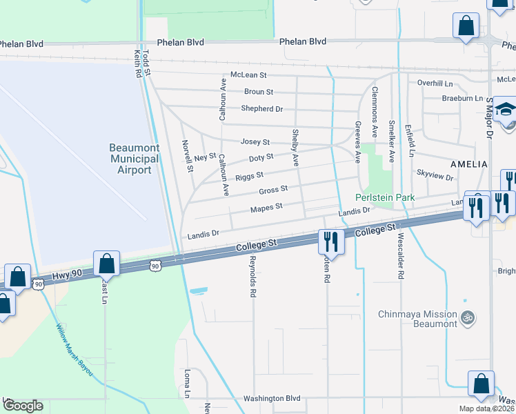 map of restaurants, bars, coffee shops, grocery stores, and more near 9510 Mapes Street in Beaumont