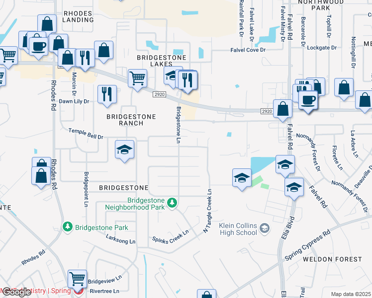 map of restaurants, bars, coffee shops, grocery stores, and more near 4311 Piney Creek Lane in Spring