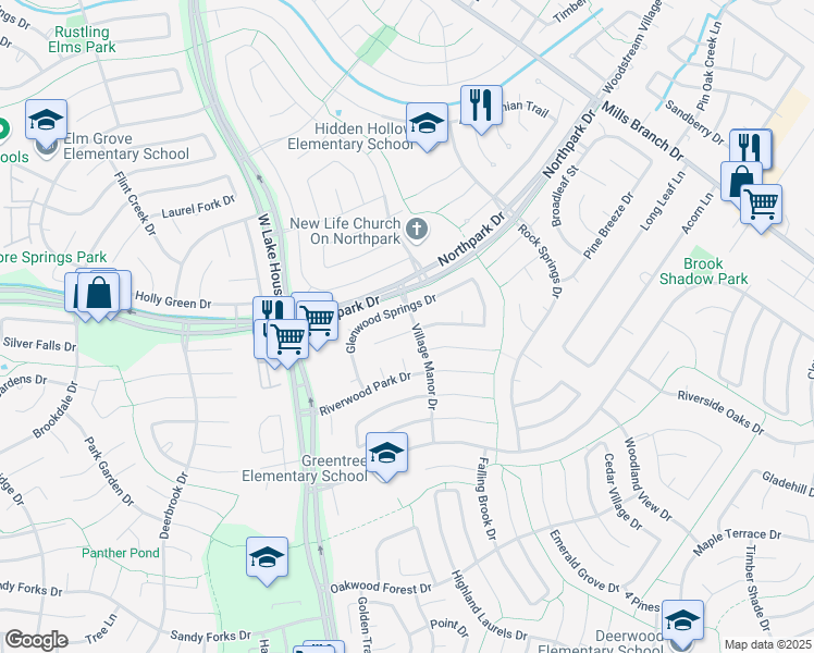 map of restaurants, bars, coffee shops, grocery stores, and more near 3635 Bear Lake Drive in Houston