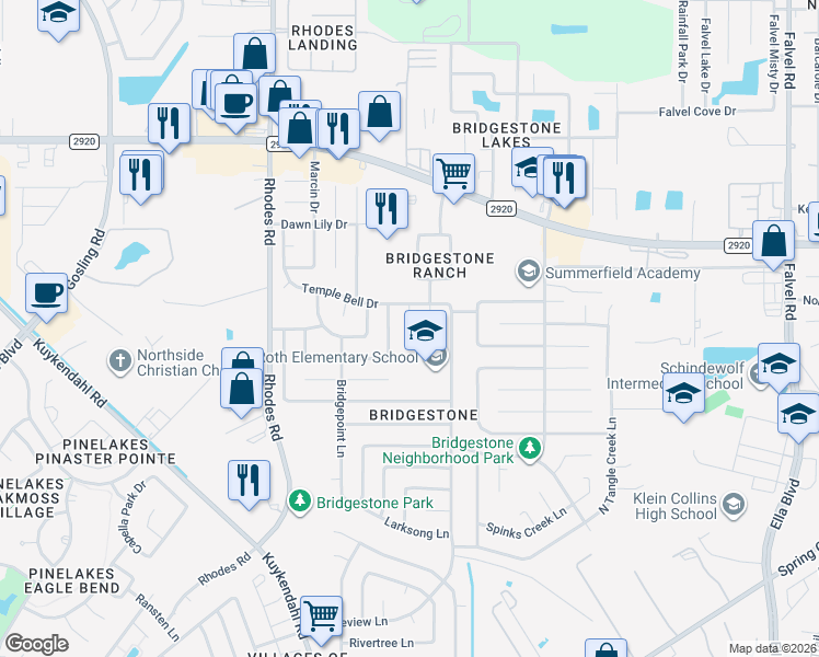 map of restaurants, bars, coffee shops, grocery stores, and more near 21726 Dovington Court in Spring