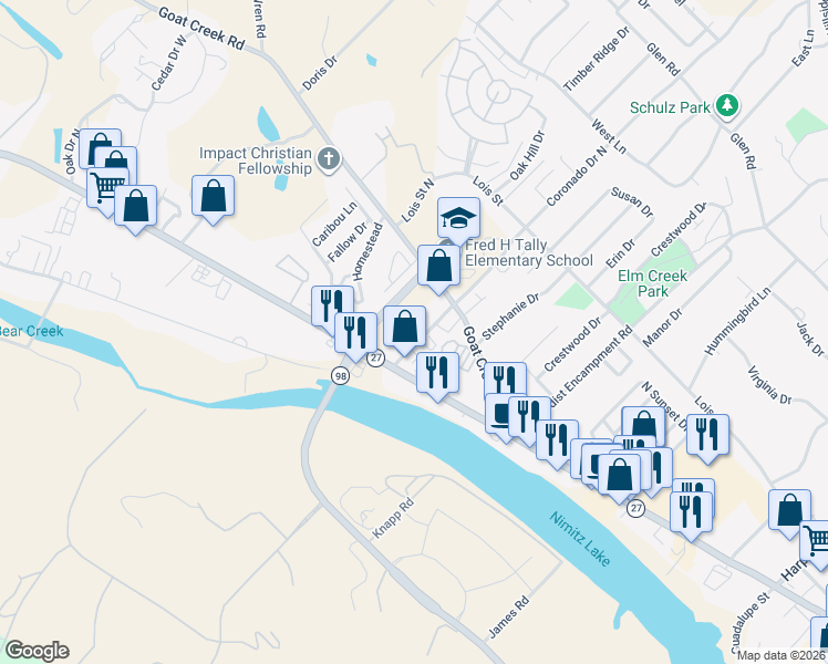 map of restaurants, bars, coffee shops, grocery stores, and more near 88 Coronado Drive North in Kerrville