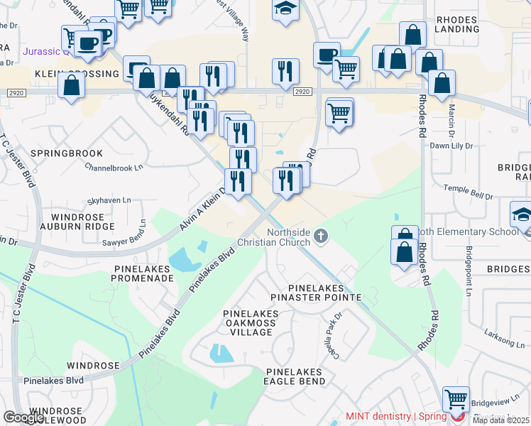 map of restaurants, bars, coffee shops, grocery stores, and more near 20424 Kuykendahl Road in Spring