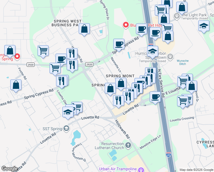 map of restaurants, bars, coffee shops, grocery stores, and more near 20623 Sunshine Lane in Spring