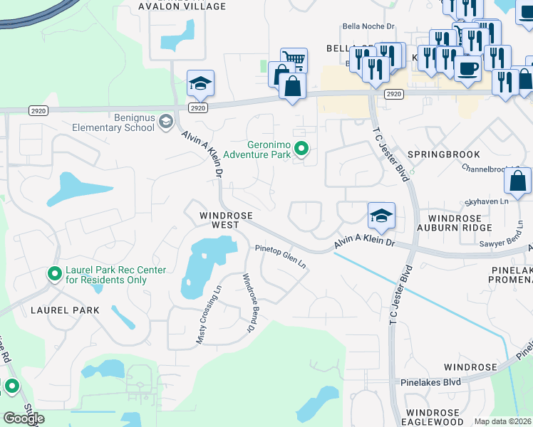 map of restaurants, bars, coffee shops, grocery stores, and more near 6803 Autumn Rain Lane in Spring