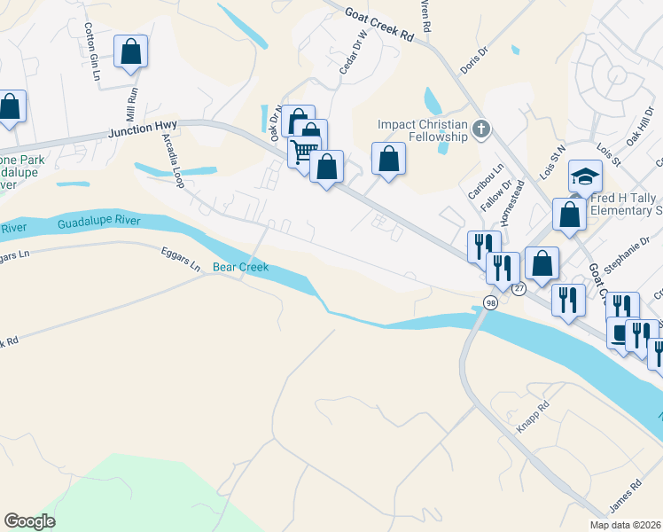 map of restaurants, bars, coffee shops, grocery stores, and more near 1979 Arcadia Loop in Kerrville