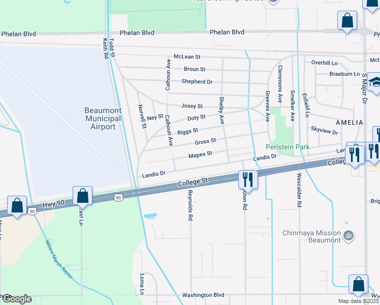map of restaurants, bars, coffee shops, grocery stores, and more near 9510 Mapes Street in Beaumont