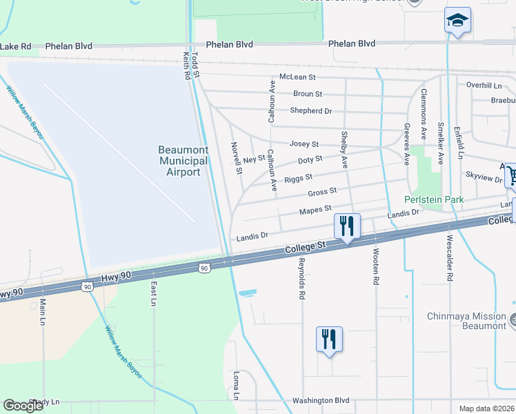 map of restaurants, bars, coffee shops, grocery stores, and more near 9680 Mapes Street in Beaumont