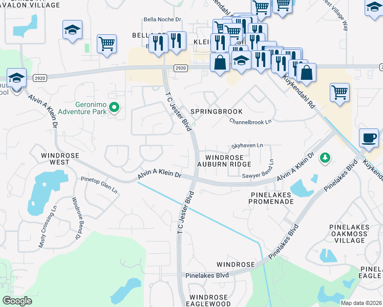 map of restaurants, bars, coffee shops, grocery stores, and more near 21006 Winter Forest Drive in Spring