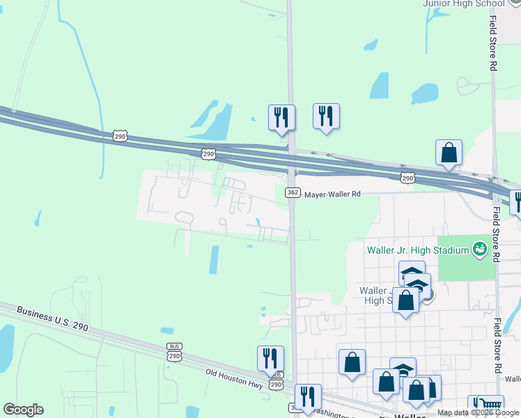 map of restaurants, bars, coffee shops, grocery stores, and more near 41146 Park 290 Drive in Waller