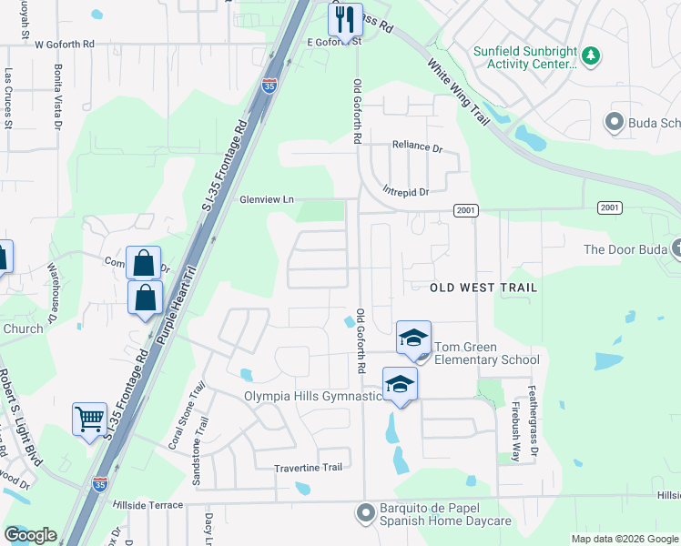 map of restaurants, bars, coffee shops, grocery stores, and more near 240 Stone Crest Boulevard in Buda