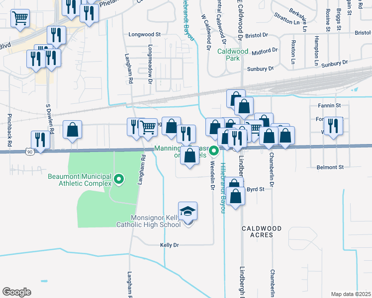 map of restaurants, bars, coffee shops, grocery stores, and more near 6005 College Street in Beaumont