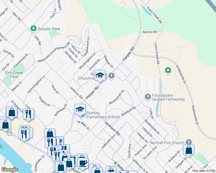 map of restaurants, bars, coffee shops, grocery stores, and more near 125 Los Cedros Loop in Kerrville