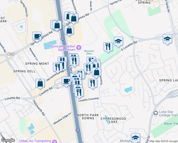 map of restaurants, bars, coffee shops, grocery stores, and more near 249 East Louetta Road in Spring