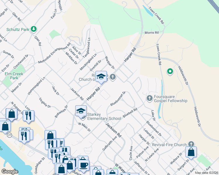 map of restaurants, bars, coffee shops, grocery stores, and more near 125 Los Cedros Loop in Kerrville