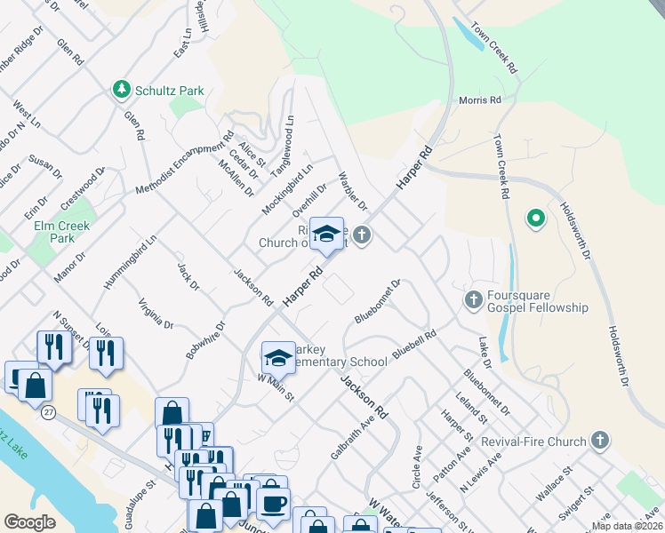 map of restaurants, bars, coffee shops, grocery stores, and more near 125 Los Cedros Loop in Kerrville