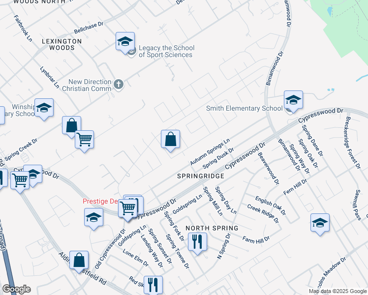 map of restaurants, bars, coffee shops, grocery stores, and more near 24503 Forest Path Court in Spring