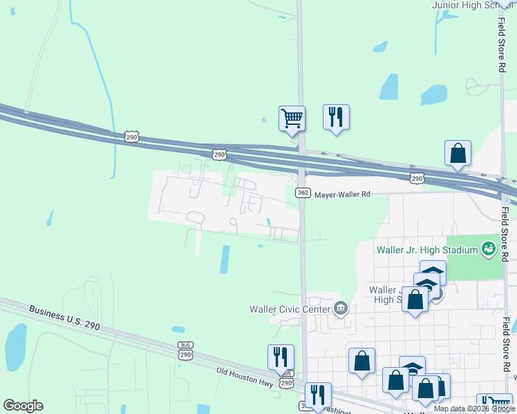 map of restaurants, bars, coffee shops, grocery stores, and more near 41077 Park 290 Drive in Waller