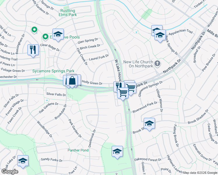 map of restaurants, bars, coffee shops, grocery stores, and more near 3800 Lake Pines Drive in Houston