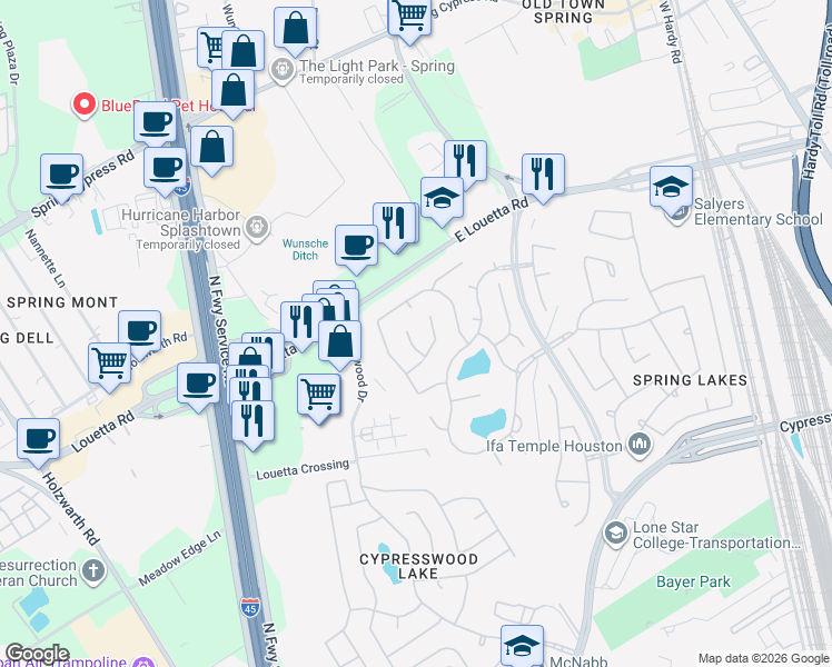map of restaurants, bars, coffee shops, grocery stores, and more near 25811 Spring Hill Place in Spring