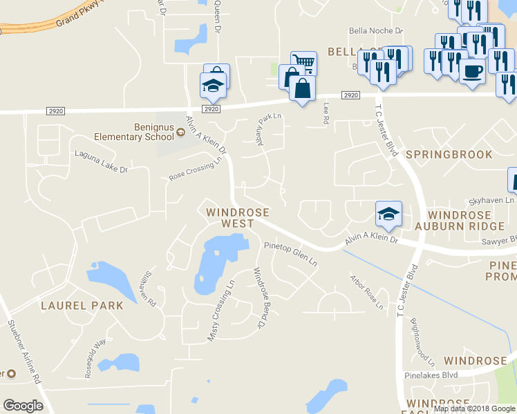 map of restaurants, bars, coffee shops, grocery stores, and more near 6831 Autumn Rain Lane in Spring