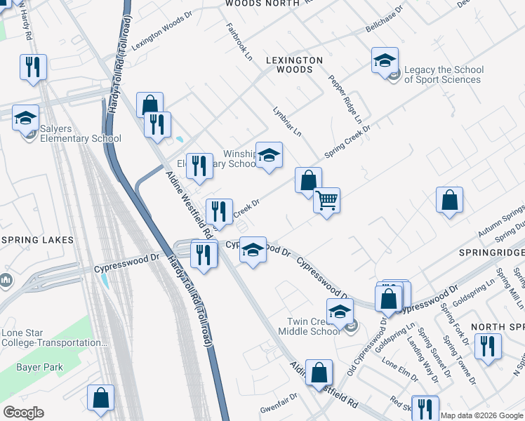 map of restaurants, bars, coffee shops, grocery stores, and more near 2082 Spring Creek Drive in Spring