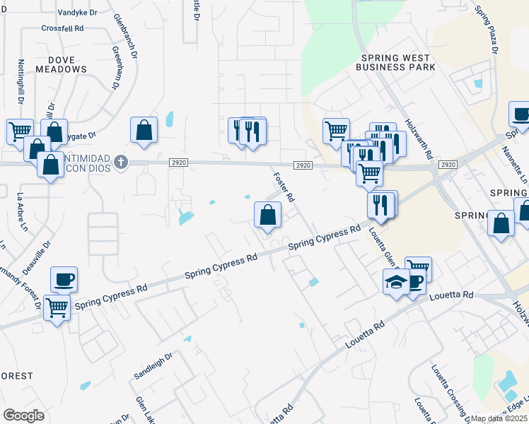 map of restaurants, bars, coffee shops, grocery stores, and more near 2540 Spring Cypress Road in Spring