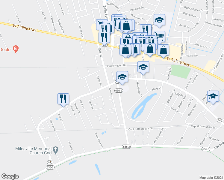 map of restaurants, bars, coffee shops, grocery stores, and more near 458 Elm Street in LaPlace