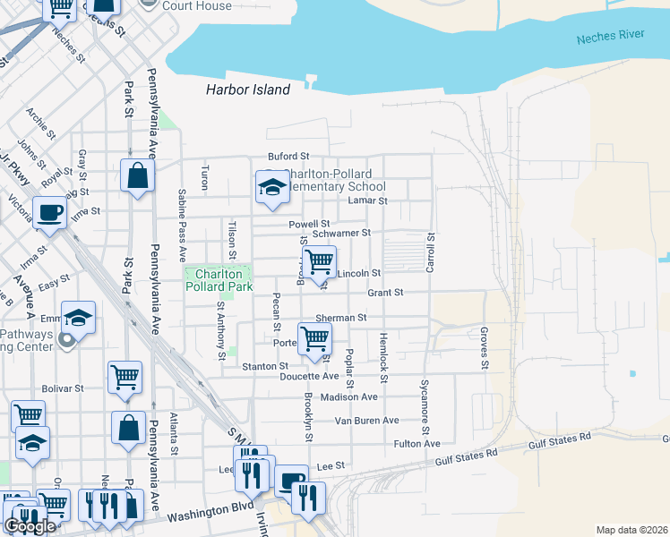 map of restaurants, bars, coffee shops, grocery stores, and more near 2055 Pear Street in Beaumont