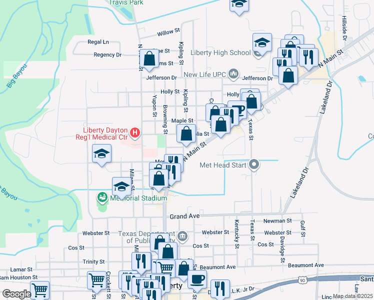 map of restaurants, bars, coffee shops, grocery stores, and more near 1201 North Main Street in Liberty
