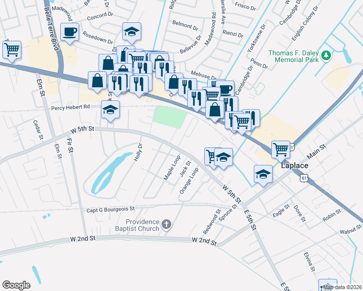 map of restaurants, bars, coffee shops, grocery stores, and more near 295 West 5th Street in LaPlace