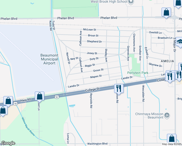 map of restaurants, bars, coffee shops, grocery stores, and more near 9510 Mapes Street in Beaumont