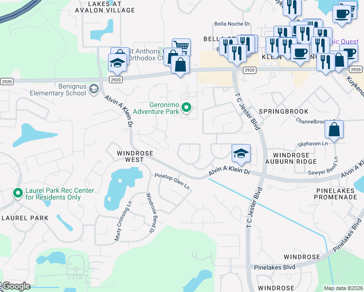 map of restaurants, bars, coffee shops, grocery stores, and more near 20902 Imperial Ridge Lane in Spring