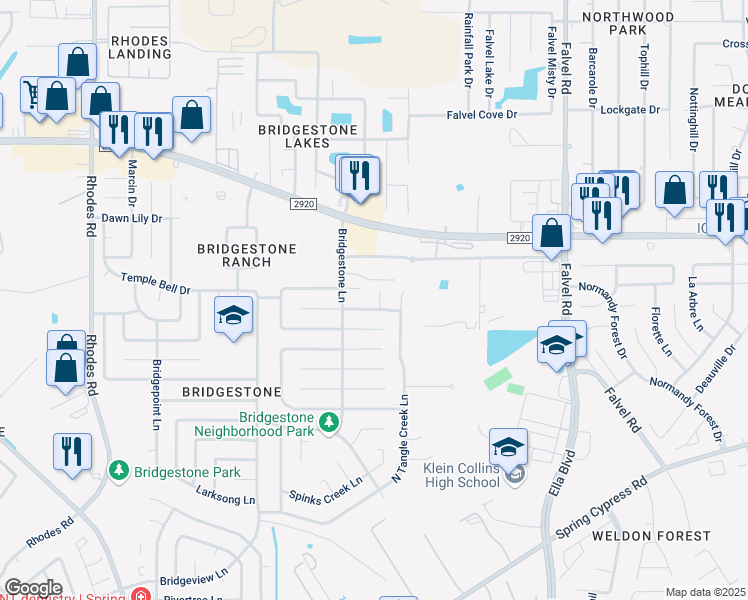 map of restaurants, bars, coffee shops, grocery stores, and more near 21727 North Tangle Creek Lane in Spring