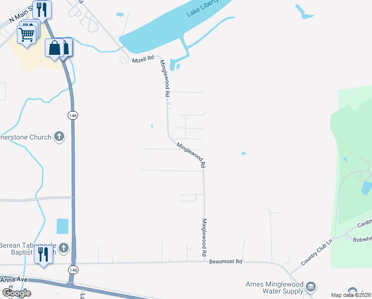 map of restaurants, bars, coffee shops, grocery stores, and more near 1001 Minglewood Road in Liberty