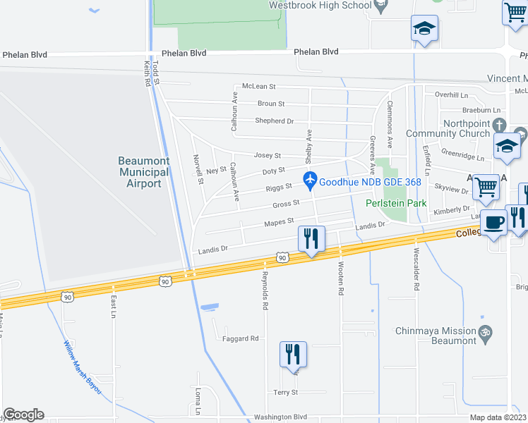map of restaurants, bars, coffee shops, grocery stores, and more near 9495 Gross Street in Beaumont