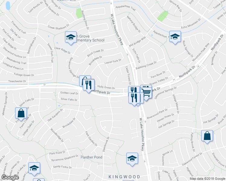 map of restaurants, bars, coffee shops, grocery stores, and more near 3134 Holly Green Drive in Humble