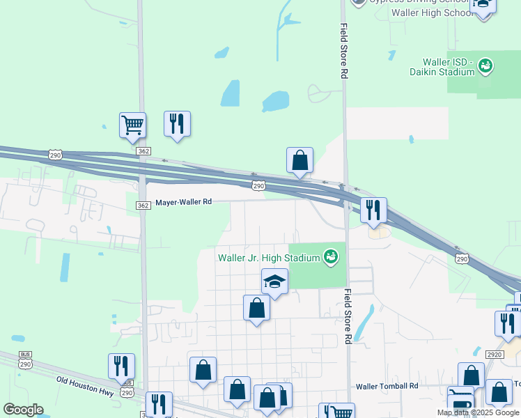 map of restaurants, bars, coffee shops, grocery stores, and more near 2420 Brazeal Street in Waller
