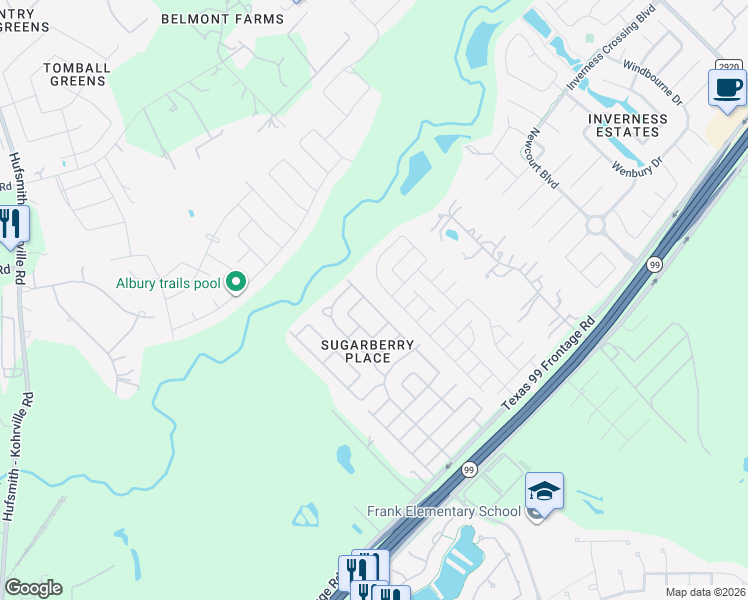 map of restaurants, bars, coffee shops, grocery stores, and more near 21414 Berry Vine Street in Tomball