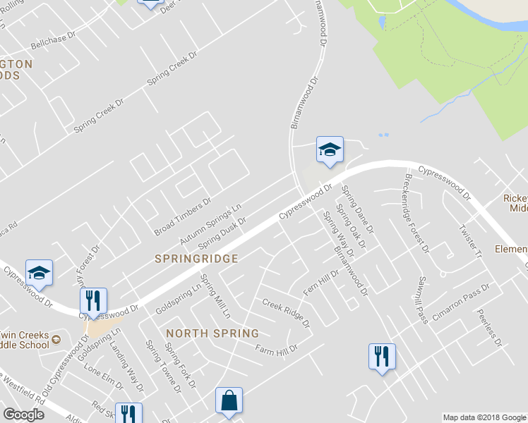 map of restaurants, bars, coffee shops, grocery stores, and more near 2746 Spring Dusk Drive in Spring