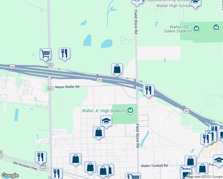 map of restaurants, bars, coffee shops, grocery stores, and more near 2325 Mayer-Waller Road in Waller