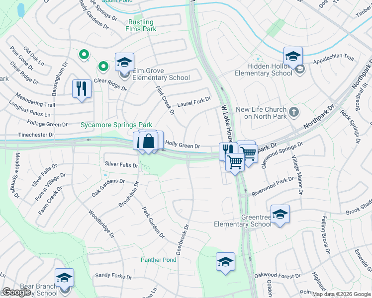 map of restaurants, bars, coffee shops, grocery stores, and more near 3194 Northpark Drive in Houston