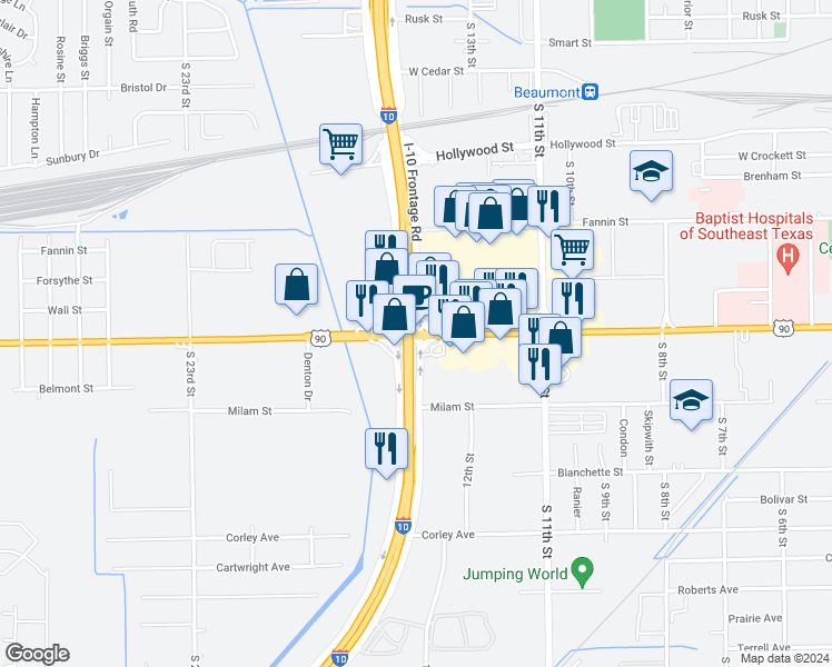 map of restaurants, bars, coffee shops, grocery stores, and more near 3850 College Street in Beaumont