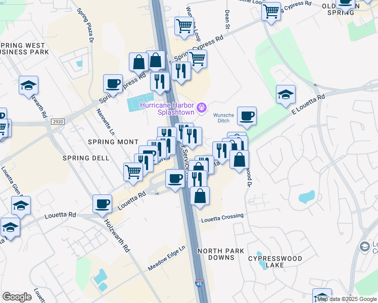 map of restaurants, bars, coffee shops, grocery stores, and more near 20934 North Freeway in Spring