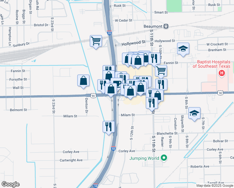 map of restaurants, bars, coffee shops, grocery stores, and more near 3850 College Street in Beaumont