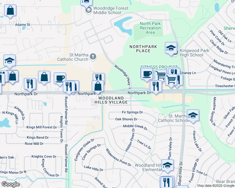 map of restaurants, bars, coffee shops, grocery stores, and more near 1900 Northpark Drive in Humble
