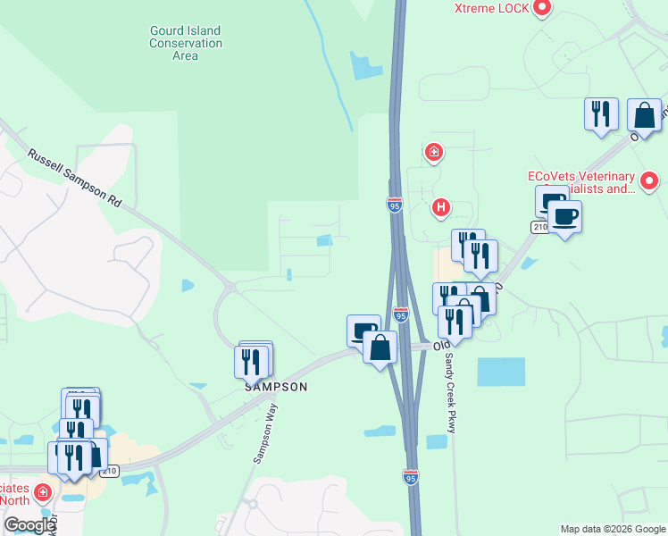 map of restaurants, bars, coffee shops, grocery stores, and more near 10180 Terrell Pappy Road in Jacksonville