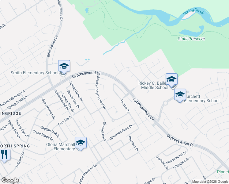 map of restaurants, bars, coffee shops, grocery stores, and more near 3218 Falcon Trail Drive in Spring