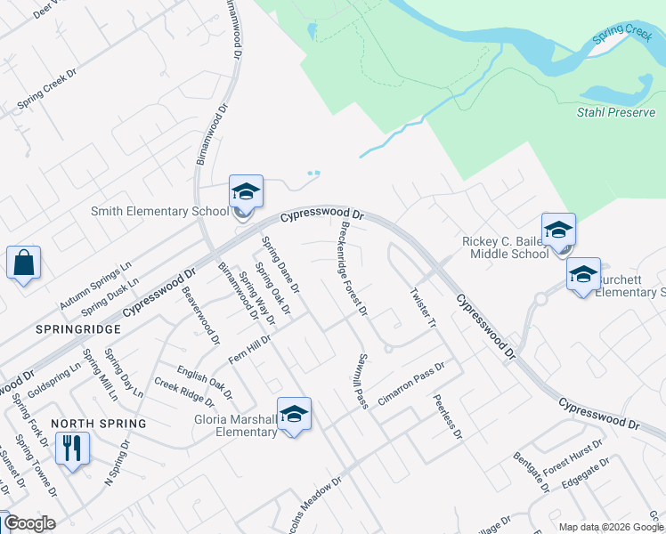 map of restaurants, bars, coffee shops, grocery stores, and more near 3034 Peerless Pass Court in Spring