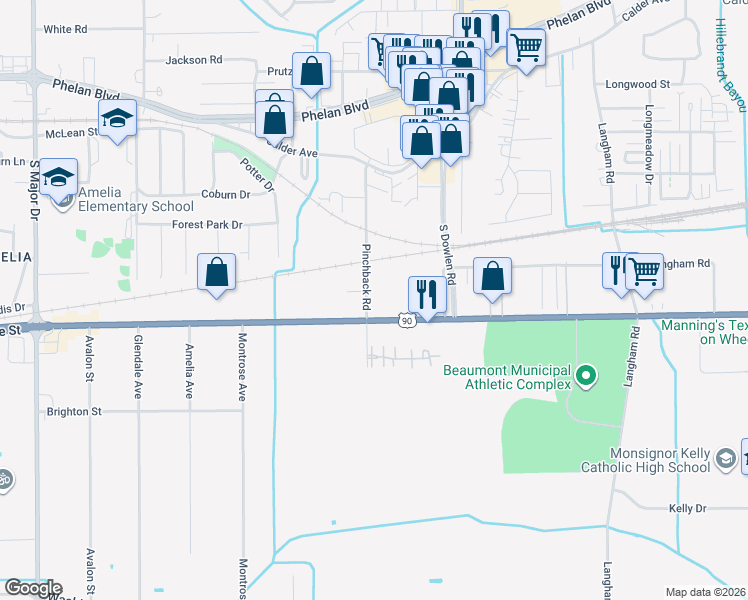 map of restaurants, bars, coffee shops, grocery stores, and more near 855 Pinchback Road in Beaumont